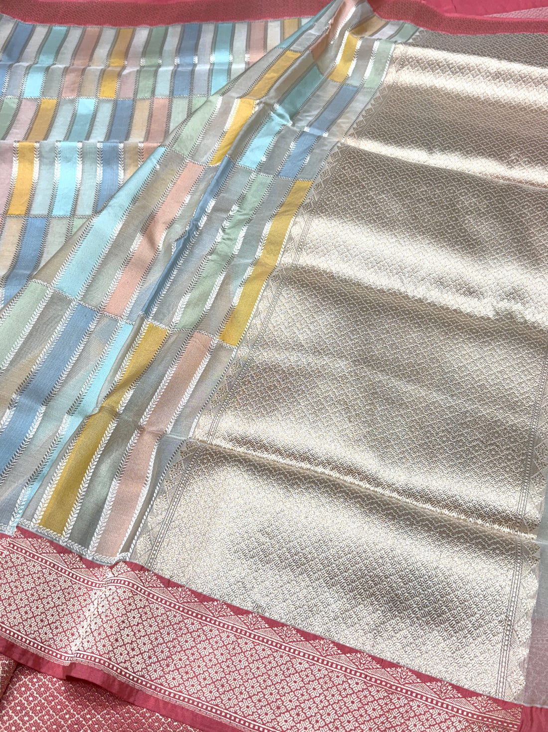 Peach Handwoven Rangkaat Pure Banarasi Organza Saree