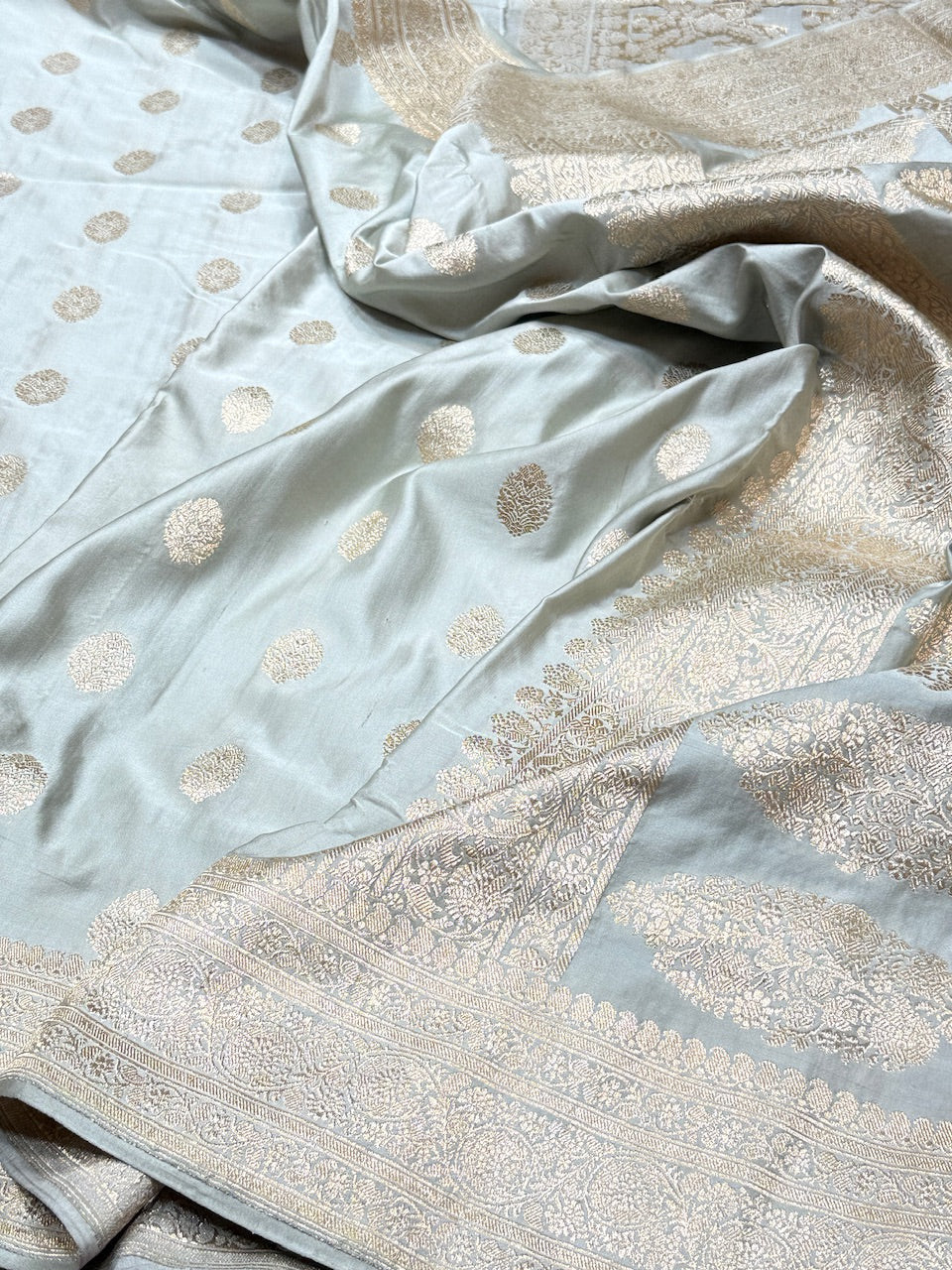 Ice Blue Handwoven Vintage Pure Banarasi Satin Silk Saree