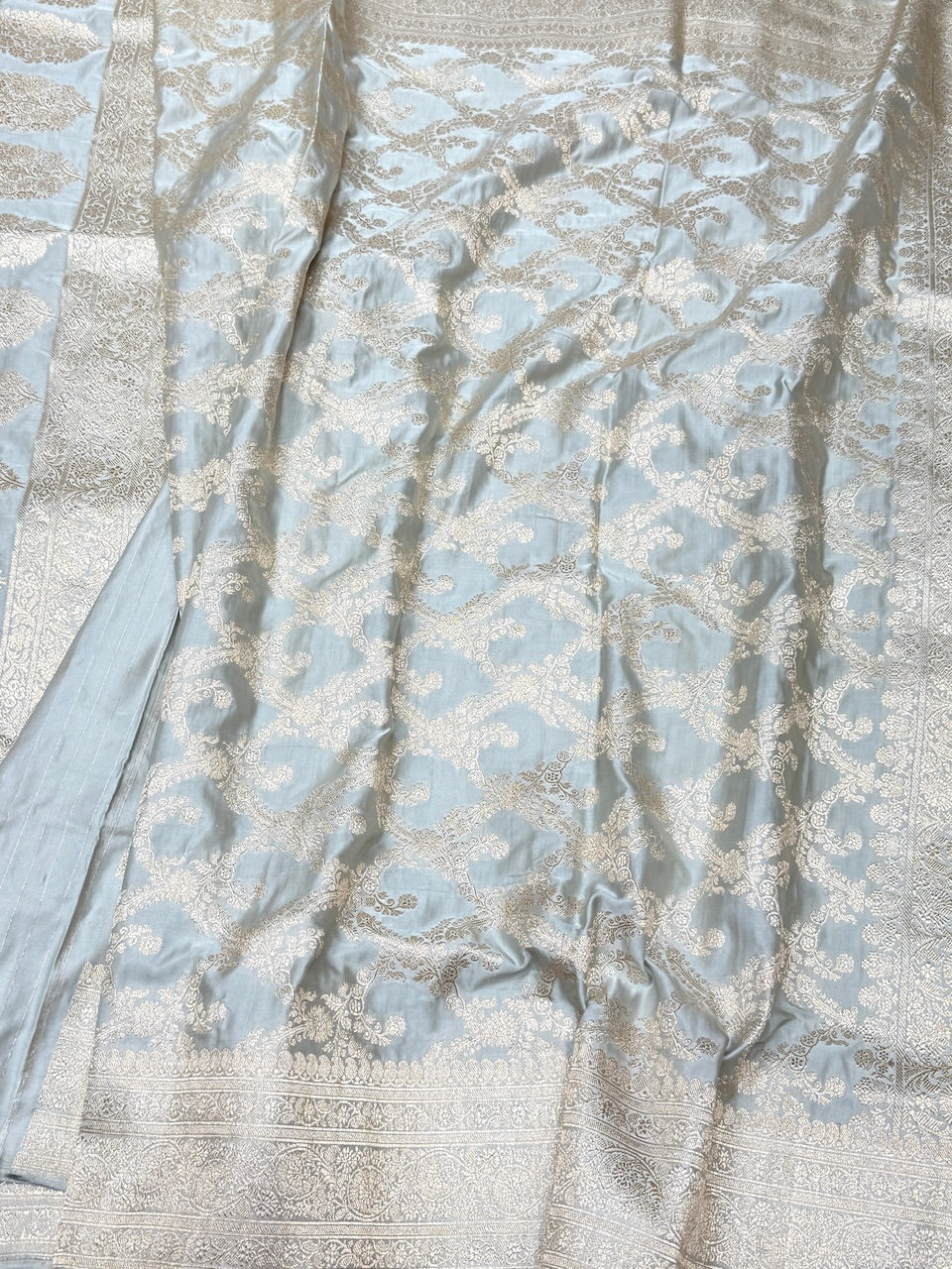Ice Blue Handwoven Vintage Pure Banarasi Satin Silk Saree