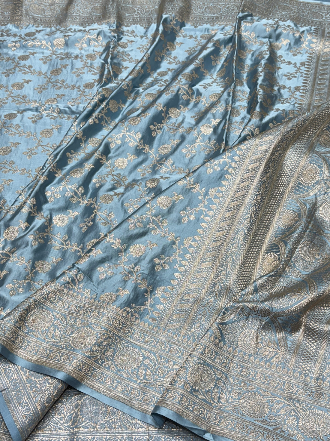Bluish Grey Handwoven Vintage Pure Banarasi Satin Silk Saree