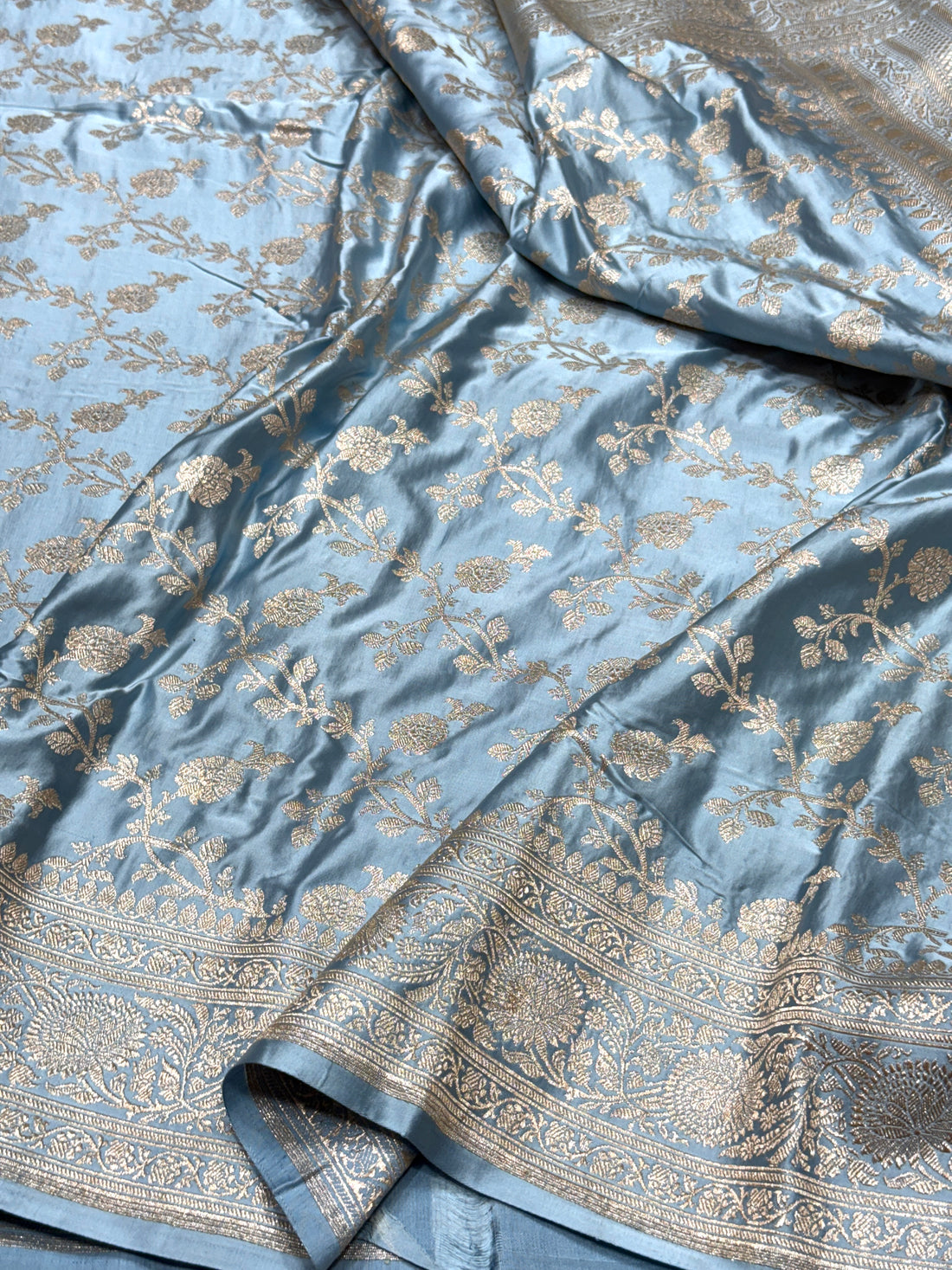 Bluish Grey Handwoven Vintage Pure Banarasi Satin Silk Saree