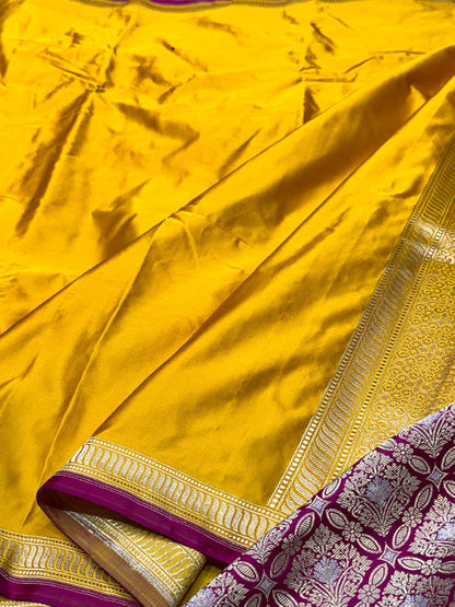Yellow Handwoven Pure Banarasi Mashru Satin Silk Saree