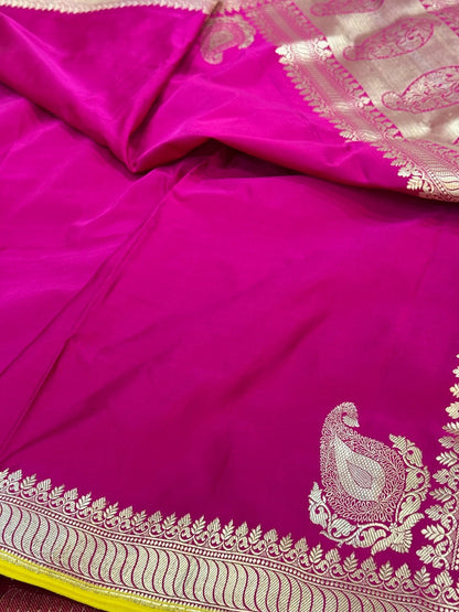 Rani Pink Handwoven Pure Banarasi Mashru Satin Silk Saree