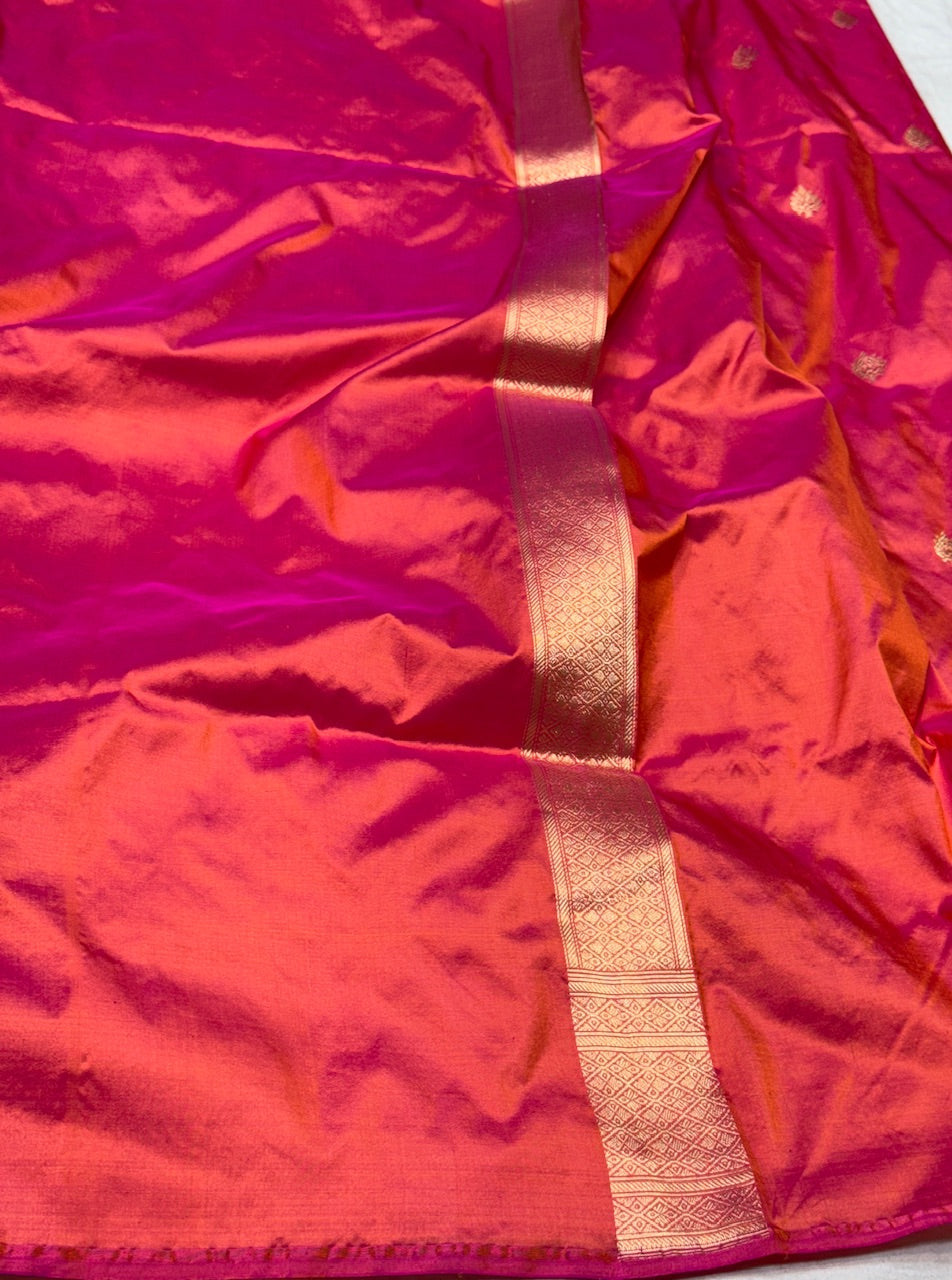 Orangish Pink Handwoven Pure Banarasi Silk Saree