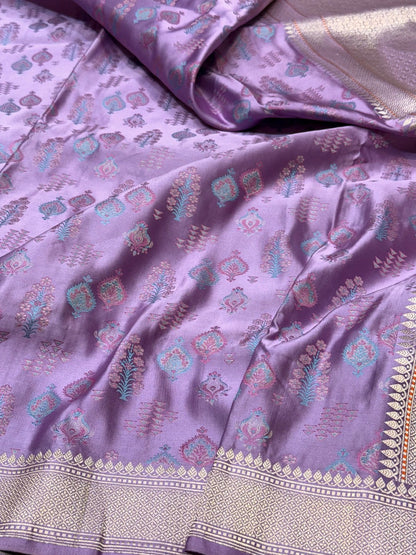 Lavender Handwoven Pure Banarasi Satin Tanchoi Silk Saree