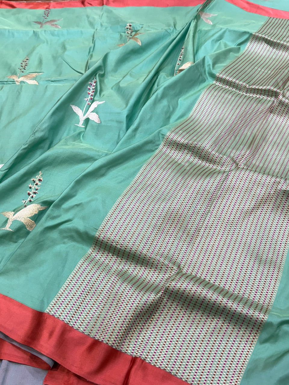 Sea Green Handwoven Pure Banarasi Satin Border Silk Saree
