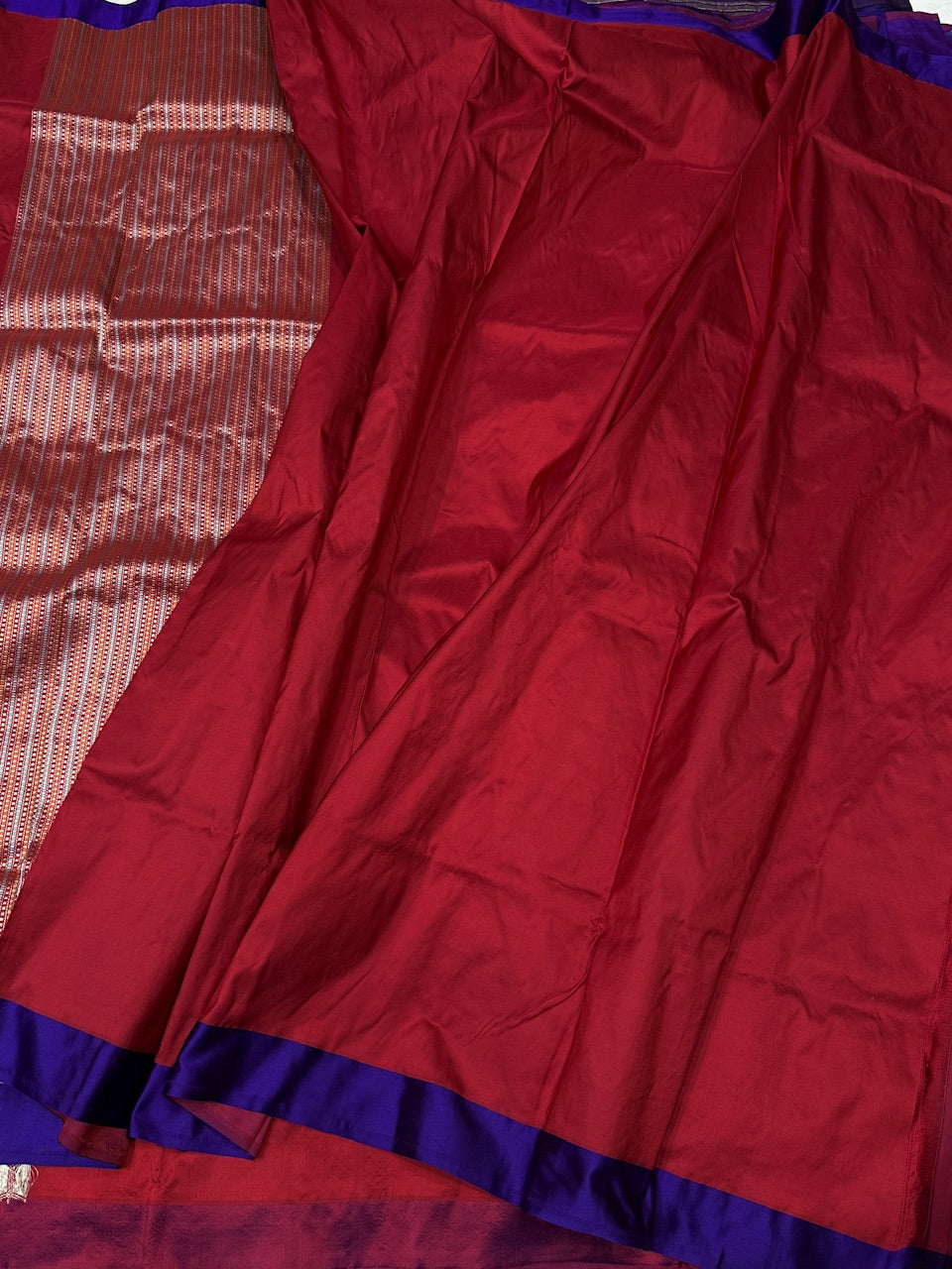Deep Red Handwoven Pure Banarasi Satin Border Silk Saree