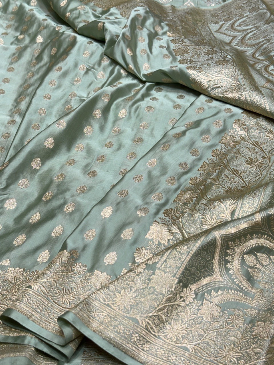 Sage Green Handwoven Vintage Pure Banarasi Satin Silk Saree