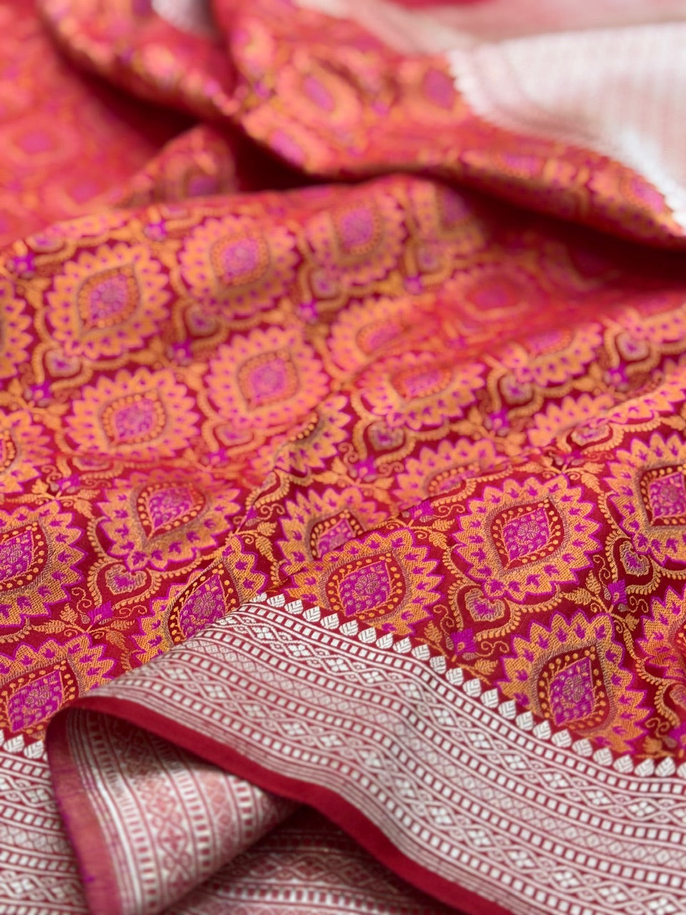 Orangish Pink Handwoven Pure Banarasi Satin Tanchoi Silk Saree