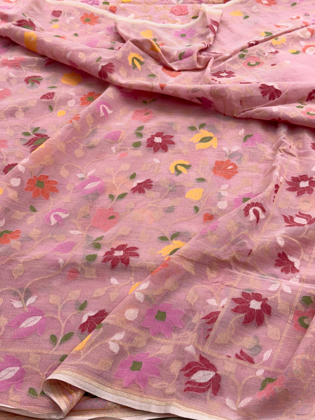Peach Pure Muslin Cotton Jamdani Saree