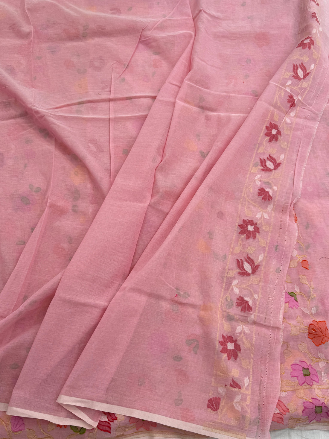 Peach Pure Muslin Cotton Jamdani Saree