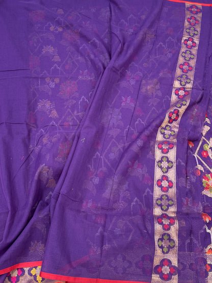 Purple Pure Muslin Cotton Jamdani Saree