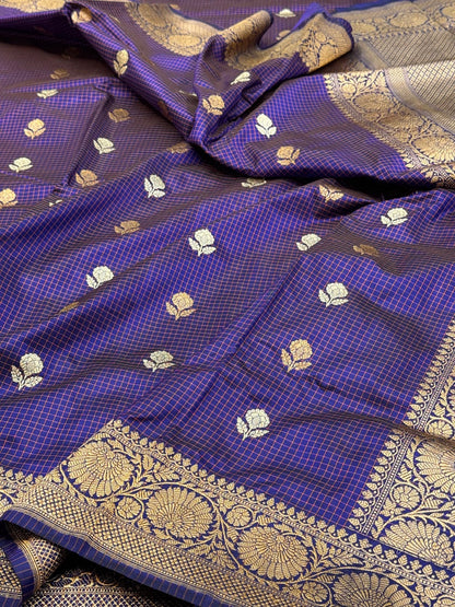Purple Checks Handwoven Pure Banarasi Silk Saree