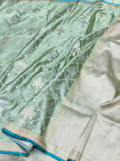 Pista Handwoven Pure Banarasi Satin Silk Saree