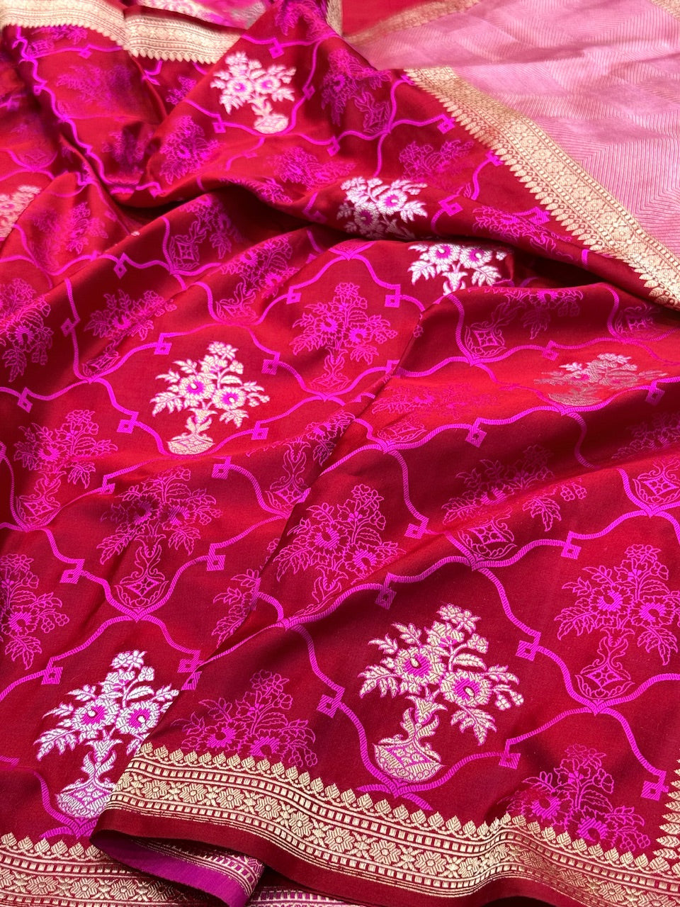 Rani Pink Handwoven Pure Banarasi Satin Silk Saree