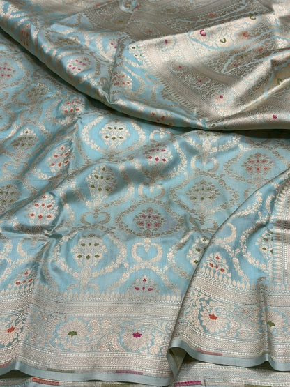 Sea Blue Banarasi Minakari Pure Katan Silk Saree