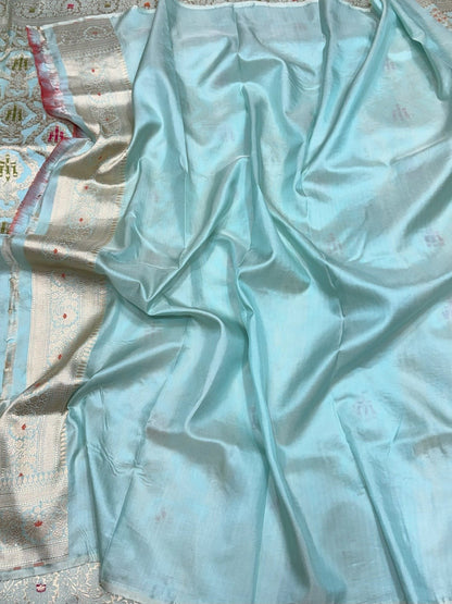 Sea Blue Banarasi Minakari Pure Katan Silk Saree