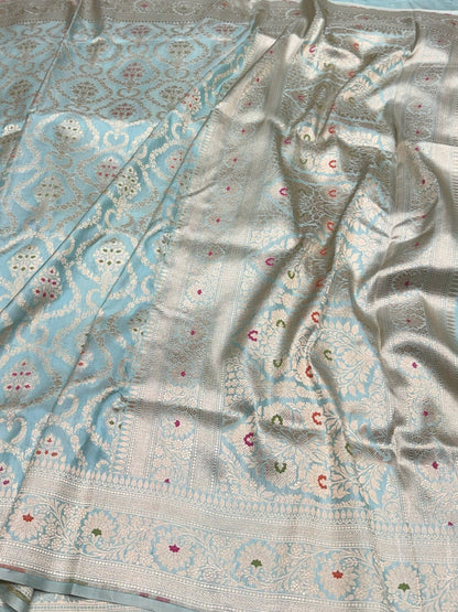 Sea Blue Banarasi Minakari Pure Katan Silk Saree