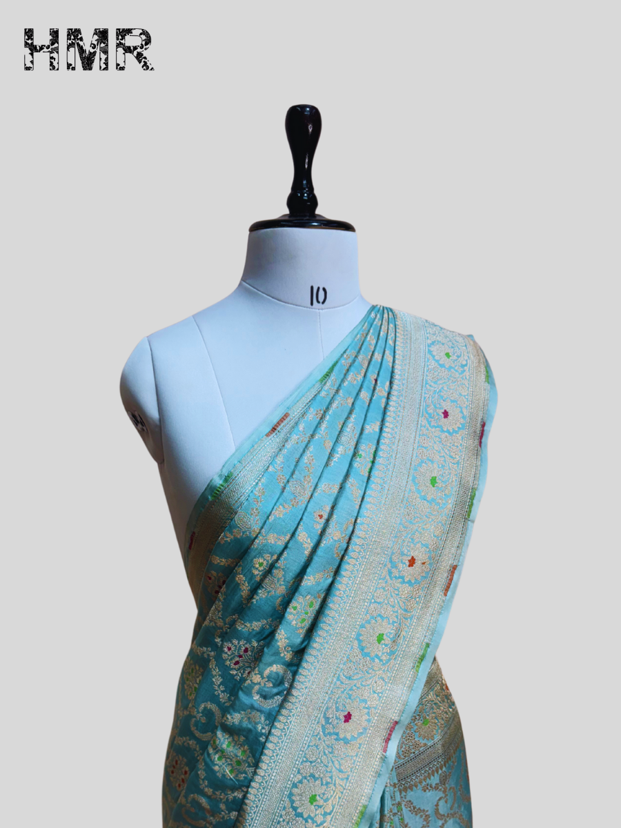 Sea Blue Banarasi Minakari Pure Katan Silk Saree