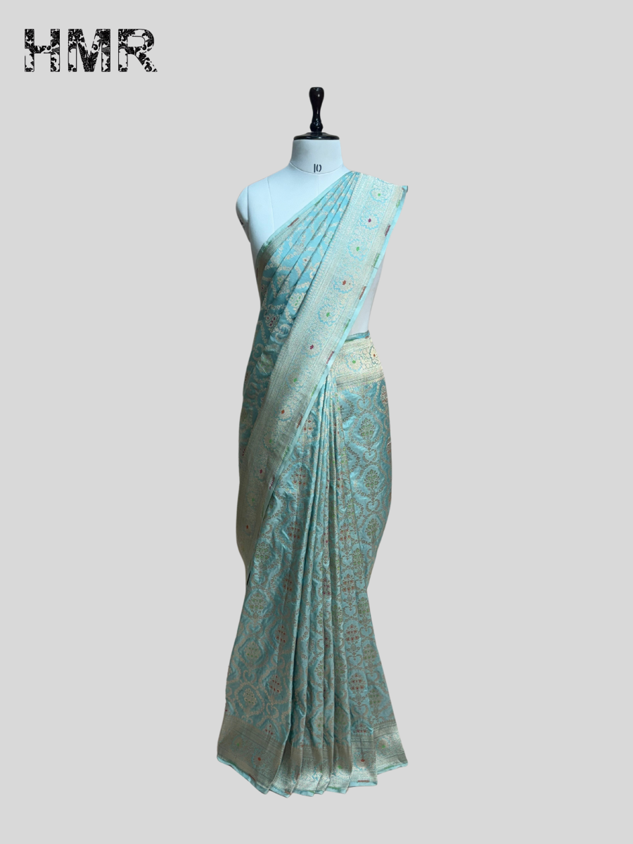 Sea Blue Banarasi Minakari Pure Katan Silk Saree