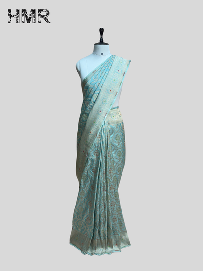 Sea Blue Banarasi Minakari Pure Katan Silk Saree