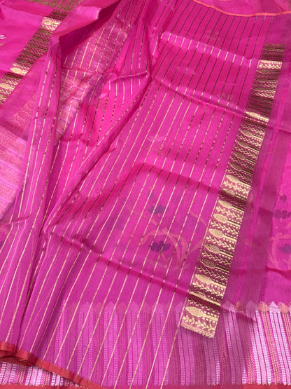 Fluorescent Pink Pure Kora Jamdani Saree