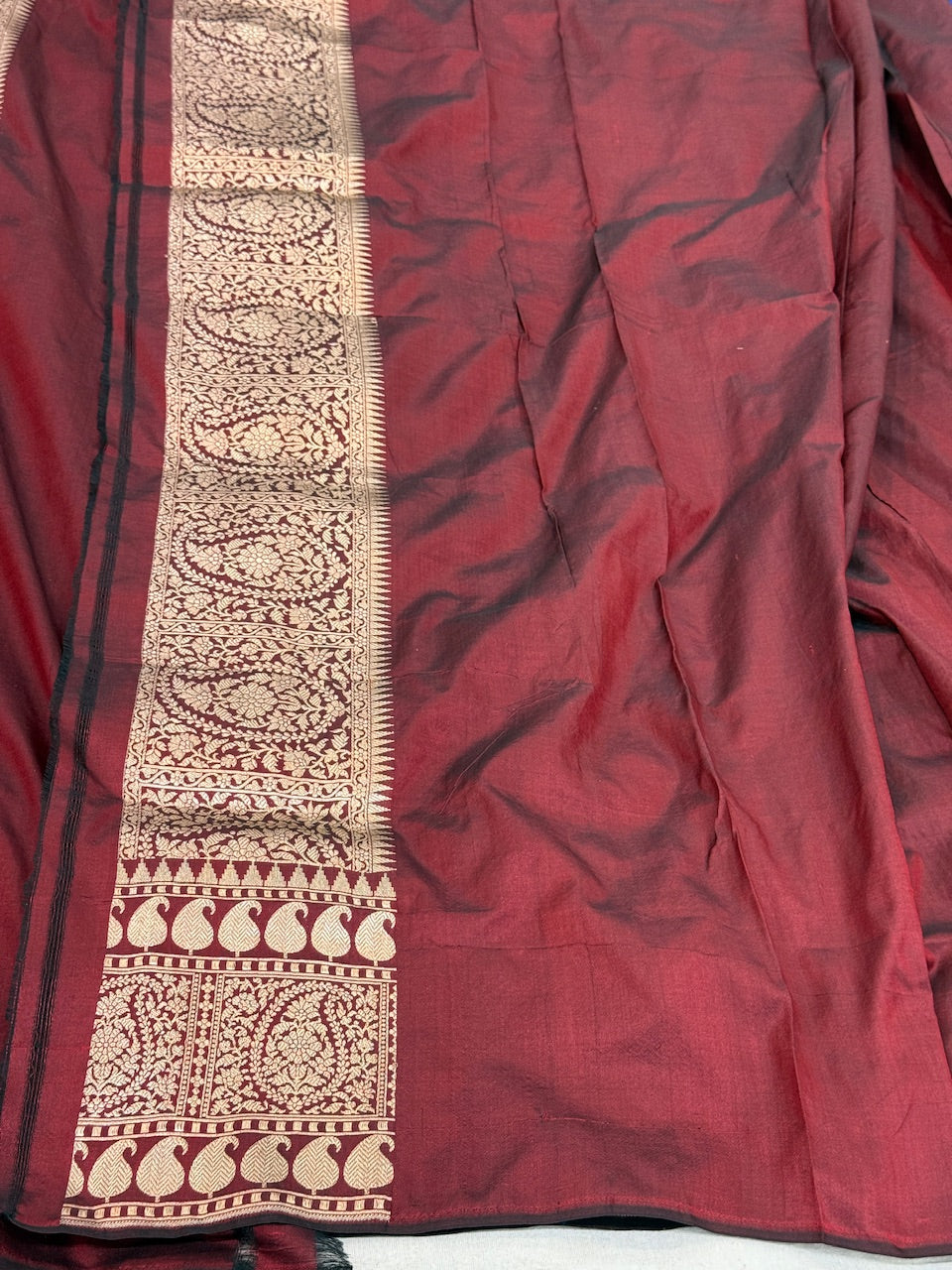 Wine Banarasi Pure Rangkaat Silk Saree – Cutwork Weave in 100% Pure Katan Silk