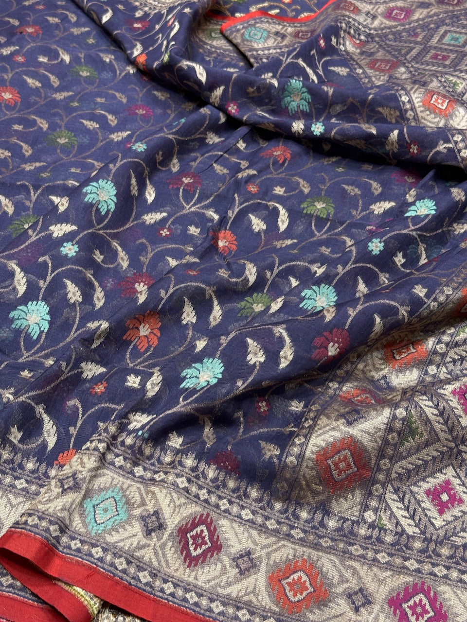 Navy Blue Pure Muslin Cotton Jamdani Saree