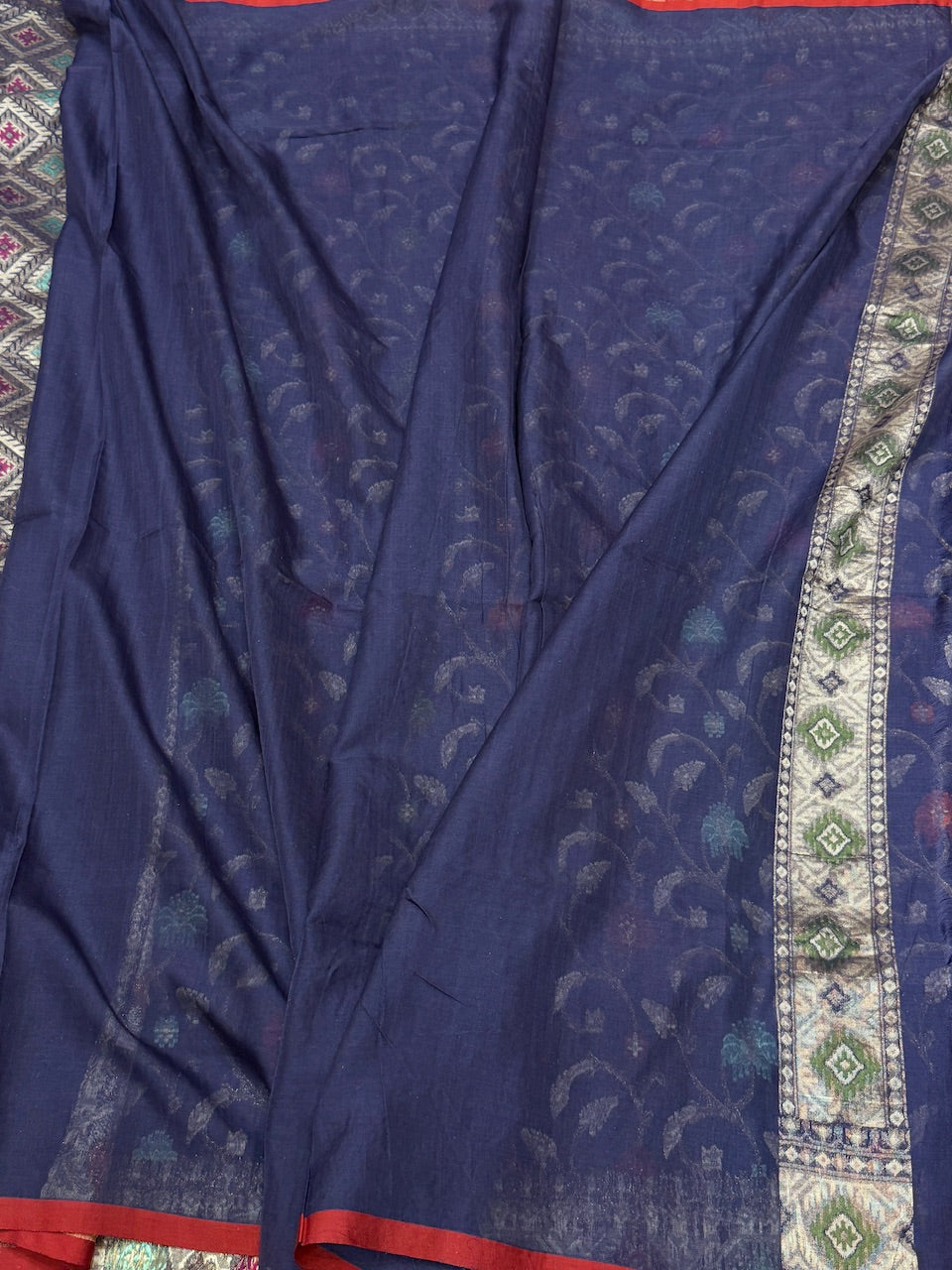 Navy Blue Pure Muslin Cotton Jamdani Saree