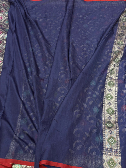 Navy Blue Pure Muslin Cotton Jamdani Saree