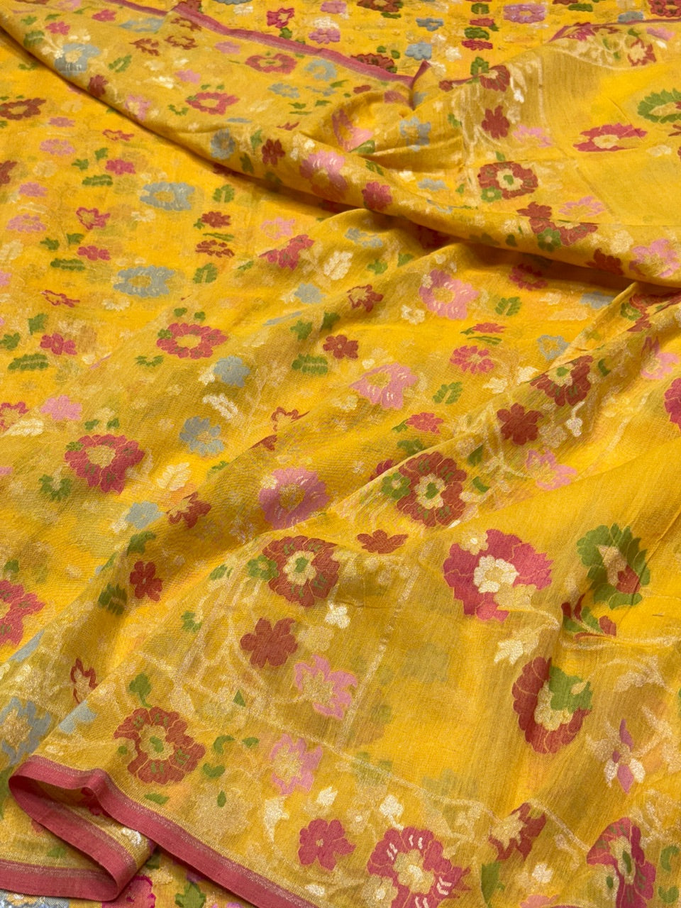 Yellow Pure Muslin Cotton Jamdani Saree