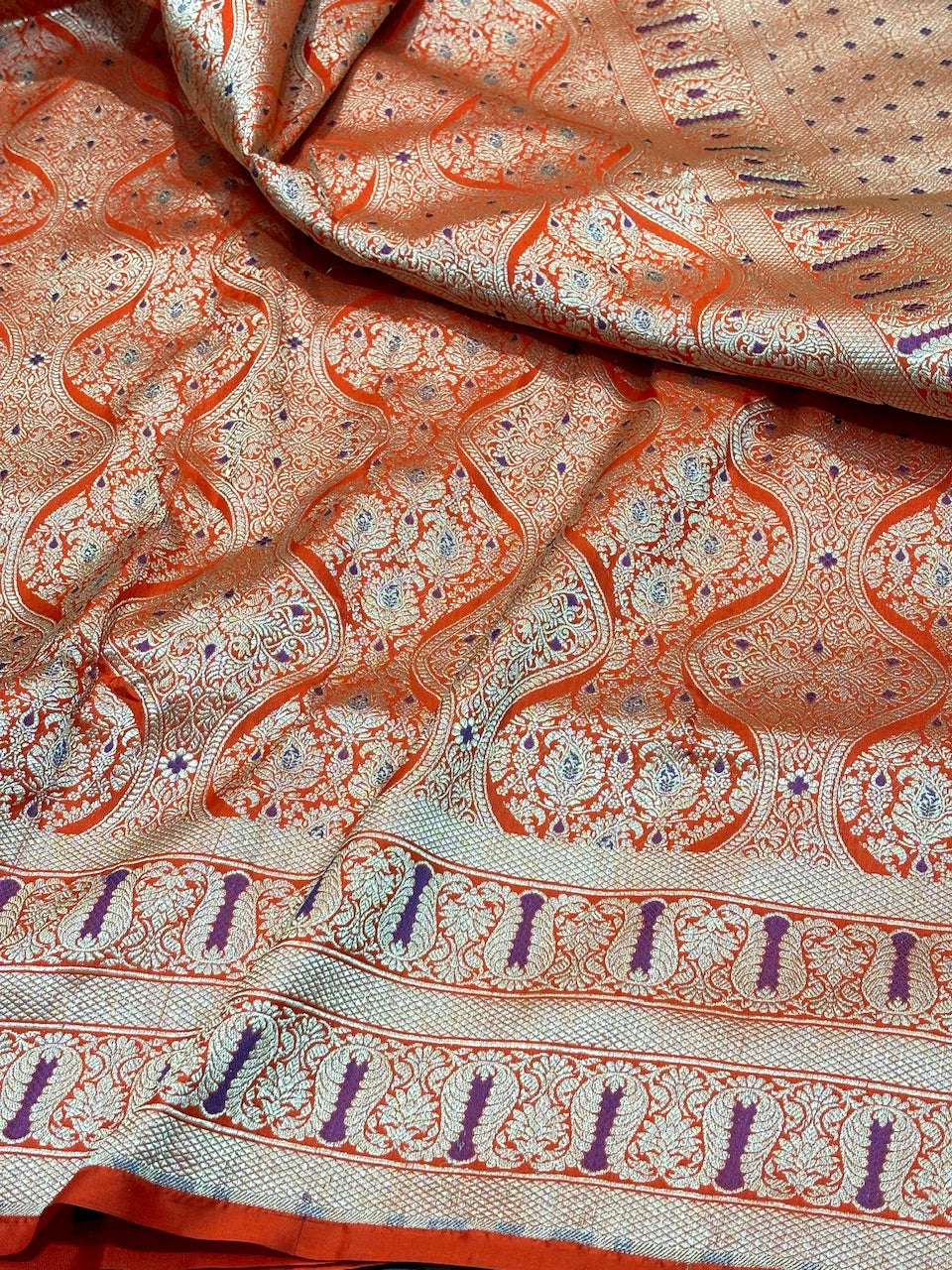 Orange  Pure  silk Brocade  Saree