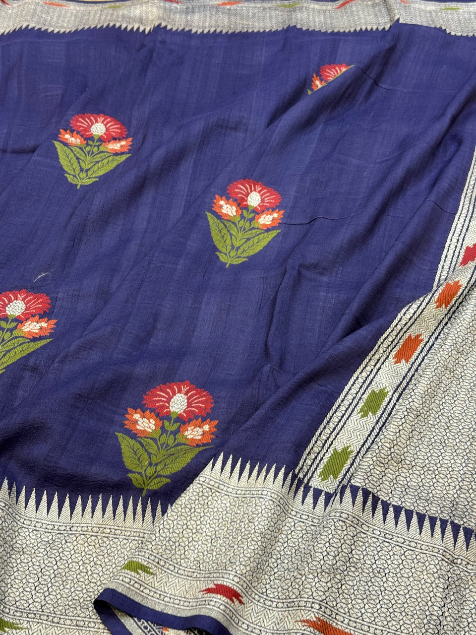 Navy Blue Handwoven Pure Tussar Georgette Saree