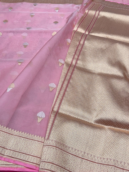 Baby Pink Handwoven Pure Banarasi Organza Saree
