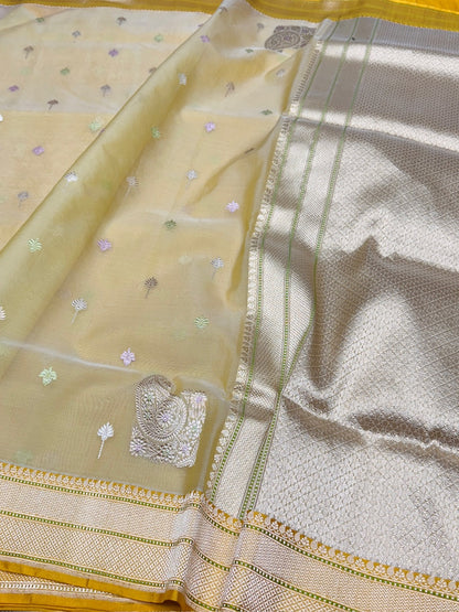 Yellow Handwoven Pure Banarasi Organza Saree