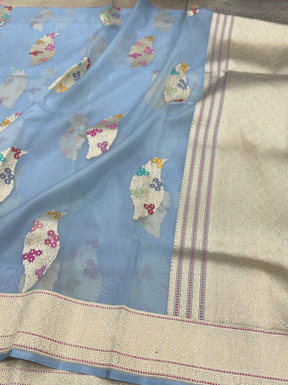 Sky Blue Handwoven Pure Banarasi Organza Saree