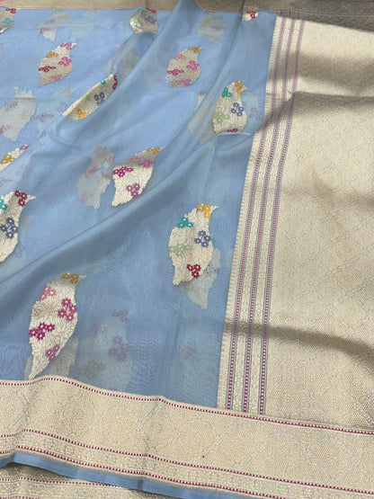 Sky Blue Handwoven Pure Banarasi Organza Saree