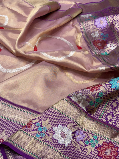 Rose Gold Handwoven Pure Banarasi Tissue Saree
