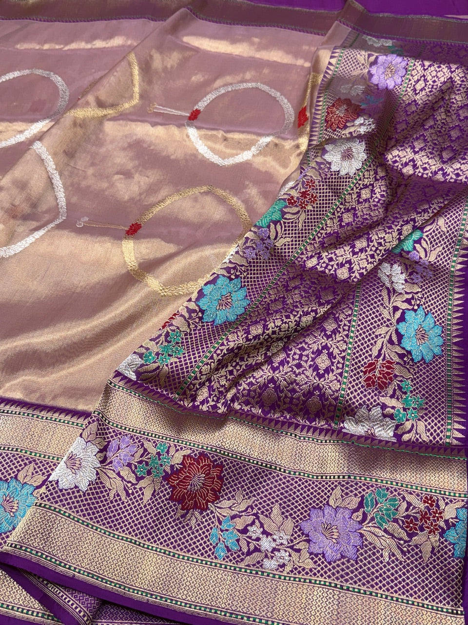 Rose Gold Handwoven Pure Banarasi Tissue Saree