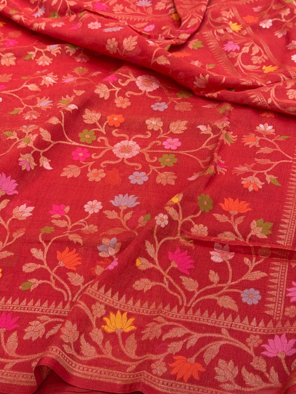 Red Pure Muslin Cotton Jamdani Silk Saree