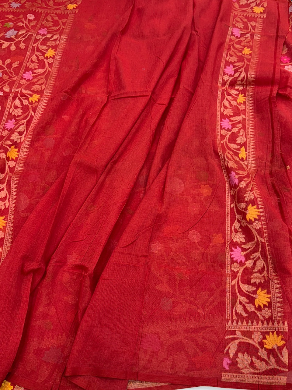 Red Pure Muslin Cotton Jamdani Silk Saree
