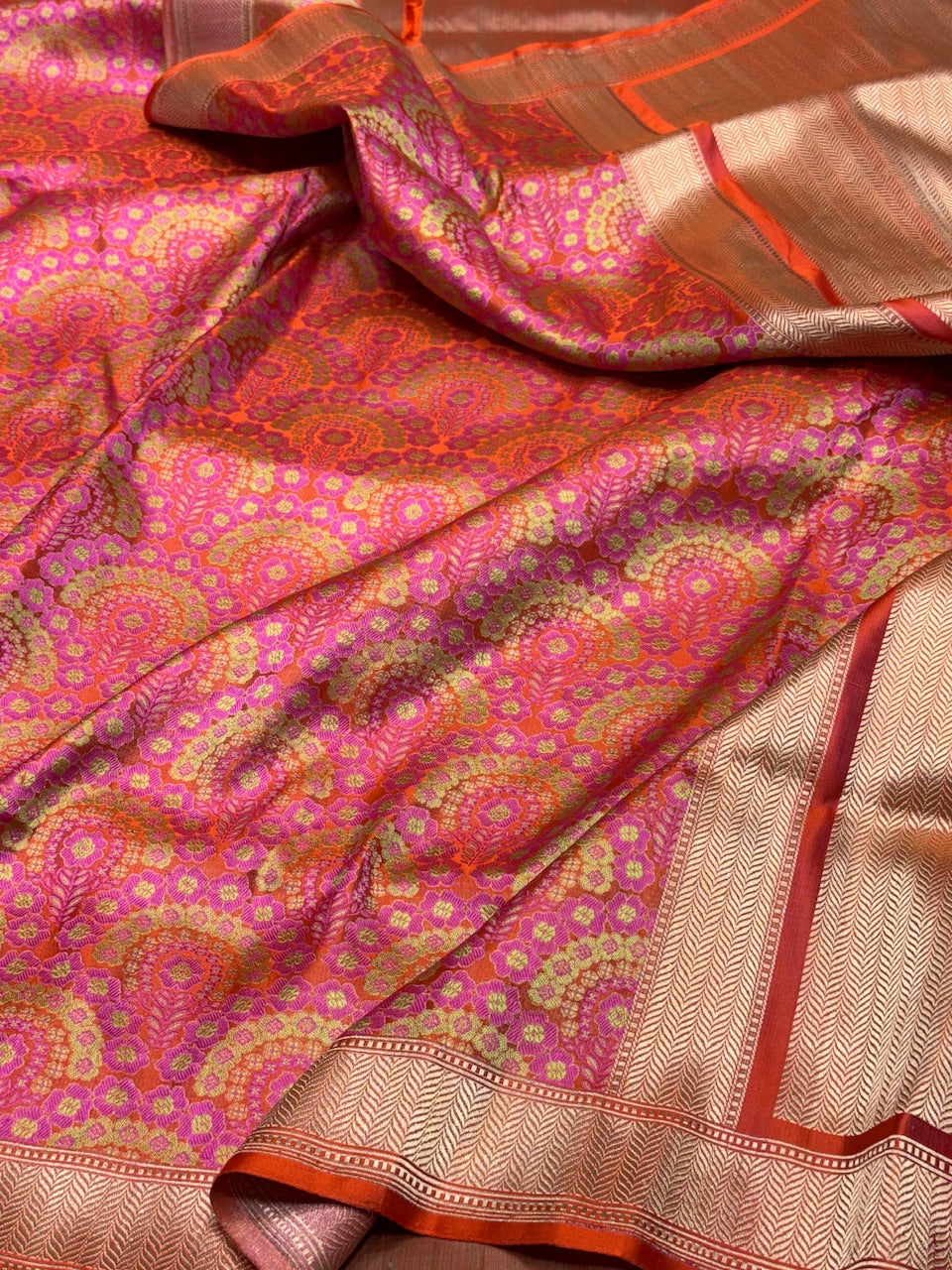 Orange Handwoven Pure Banarasi Satin Tanchoi Silk Saree
