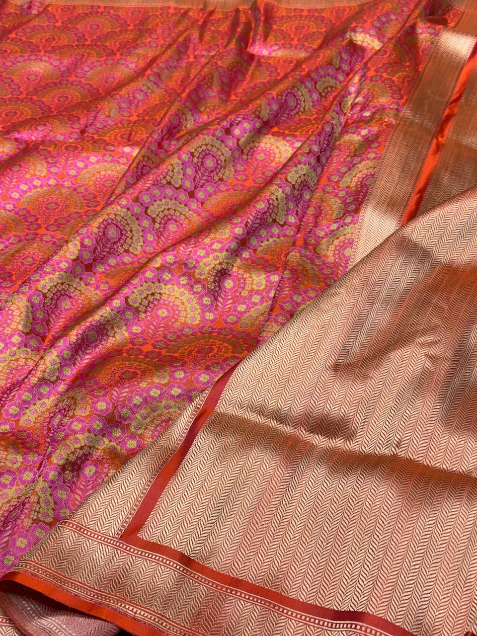 Orange Handwoven Pure Banarasi Satin Tanchoi Silk Saree