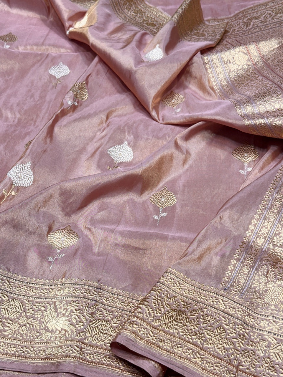 Rose Gold Handwoven Pure Banarasi Tissue Saree