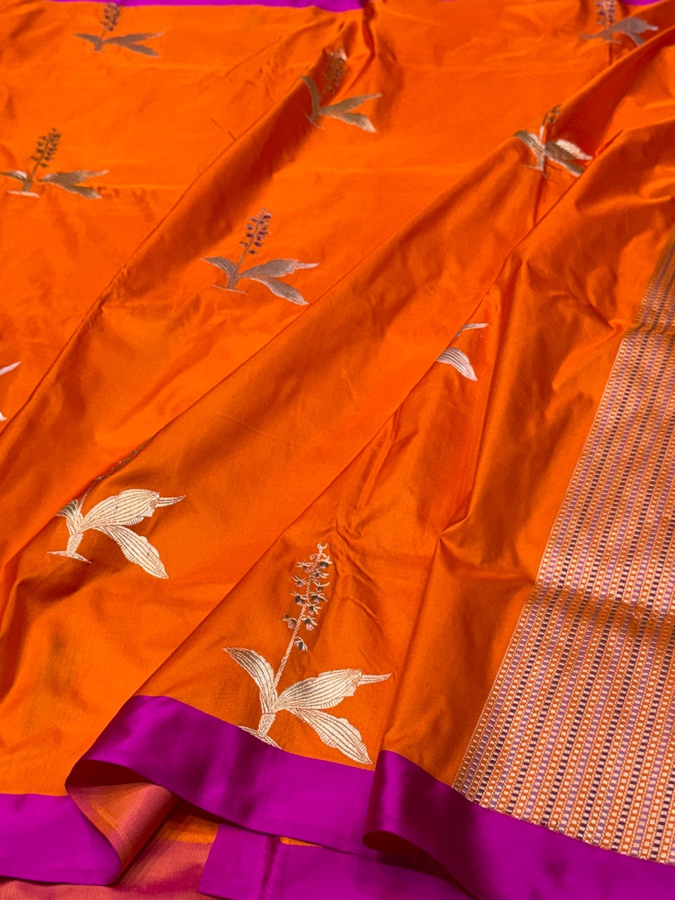 Orange Pure Silk Handwoven Satin Saree