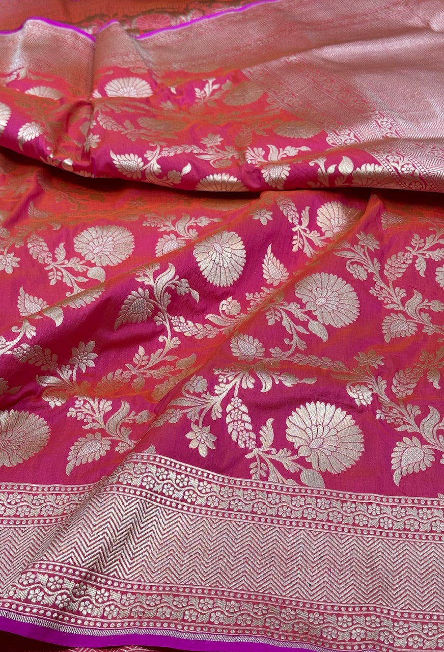 Orangish Pink  Pure Silk Saree