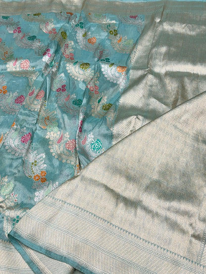 Sea Blue Handwoven Pure Katan Tissue Saree
