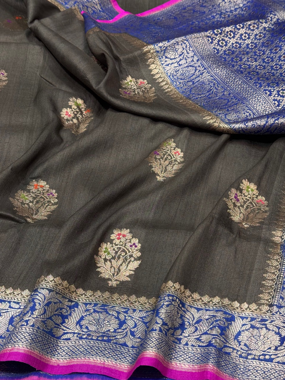 Dark Grey Handwoven Tussar Georgette Saree