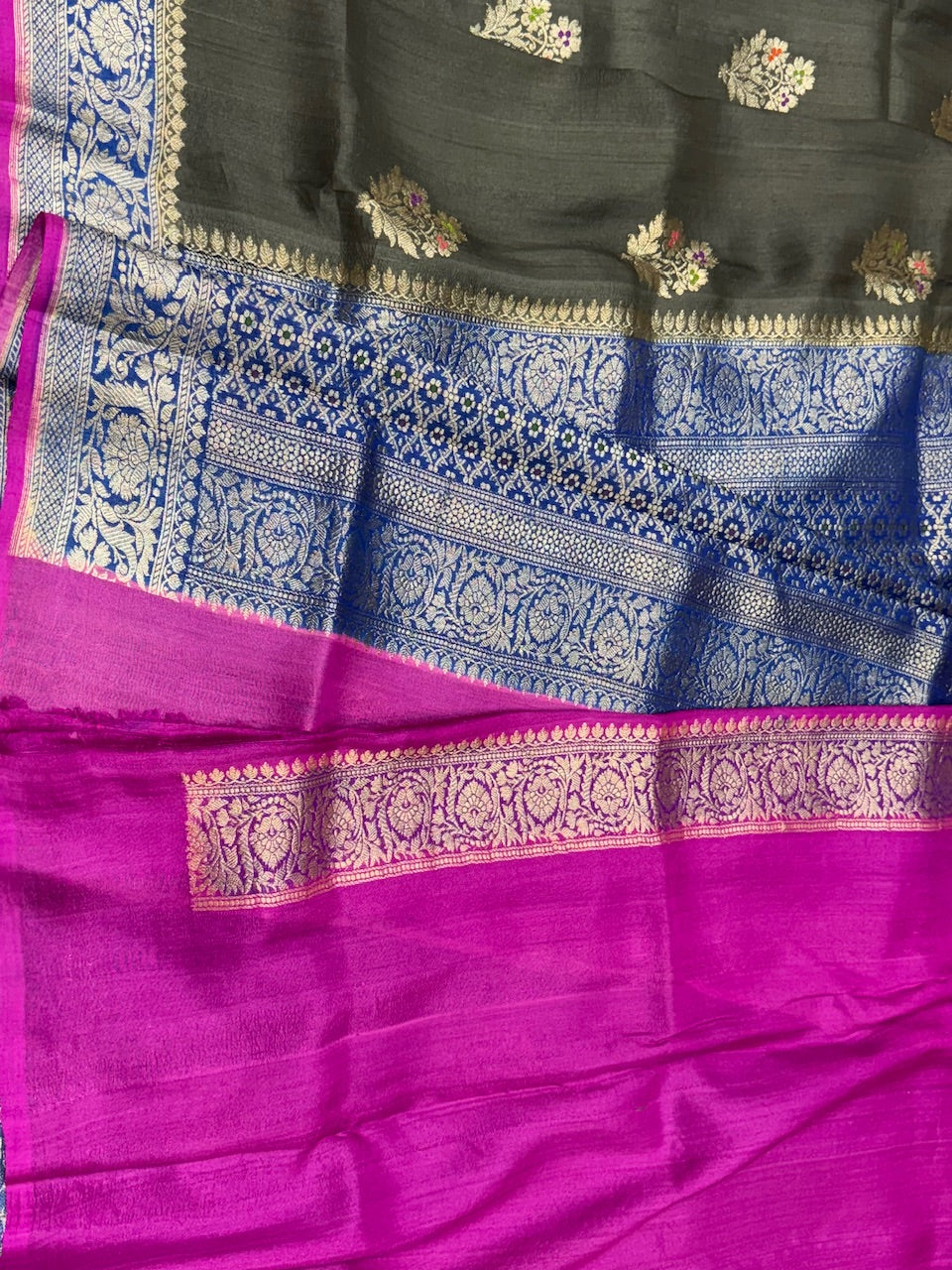 Dark Grey Handwoven Tussar Georgette Saree