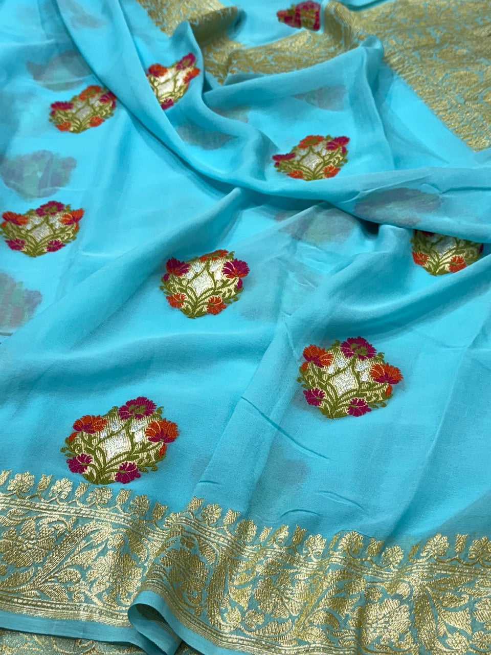 Sky Blue Minakari Pure Chiffon Georgette Saree